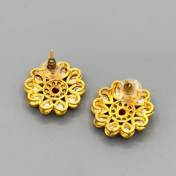 Gold Tone Red Kundan Stud Earrings Chandbali Pakistani Indian Bollywood Jewelry - Picture 7 of 7